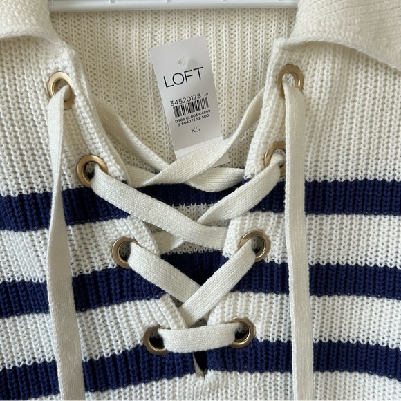 NWT Loft Women’s Blue Ivory Striped Collared Lace Up Tie Neck Knit Sweater Sz XS - Picture 4 of 9